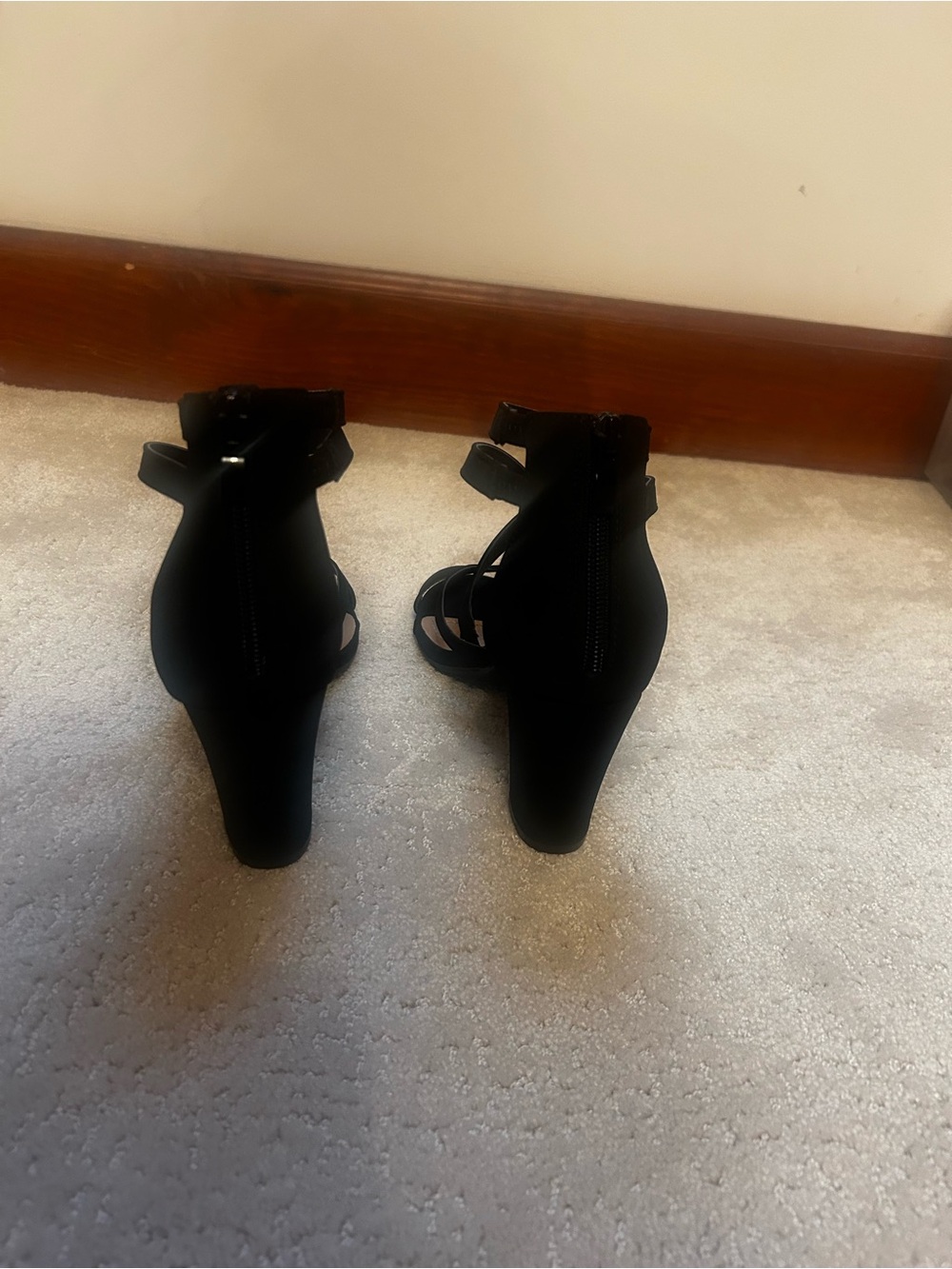 Women's Black Strappy Wedge Heels with Back Zip Closure